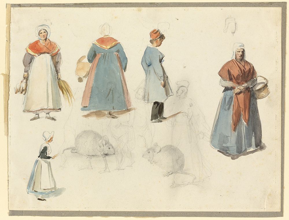 Sheet of Sketches: Men, Women and Mice by Denis Auguste Marie Raffet