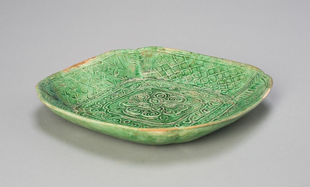 Square Dish with Flared, Scalloped Sides and Floral and Butterfly Design