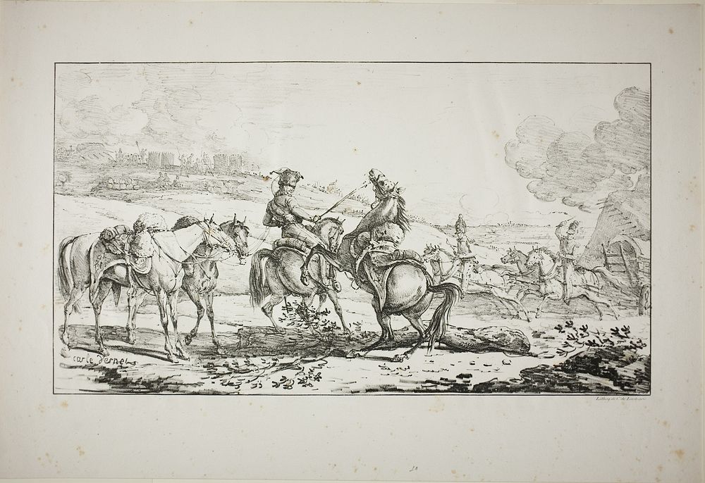 Mounted Artilleryman with Three Horses Bridled at Once by Carle Vernet