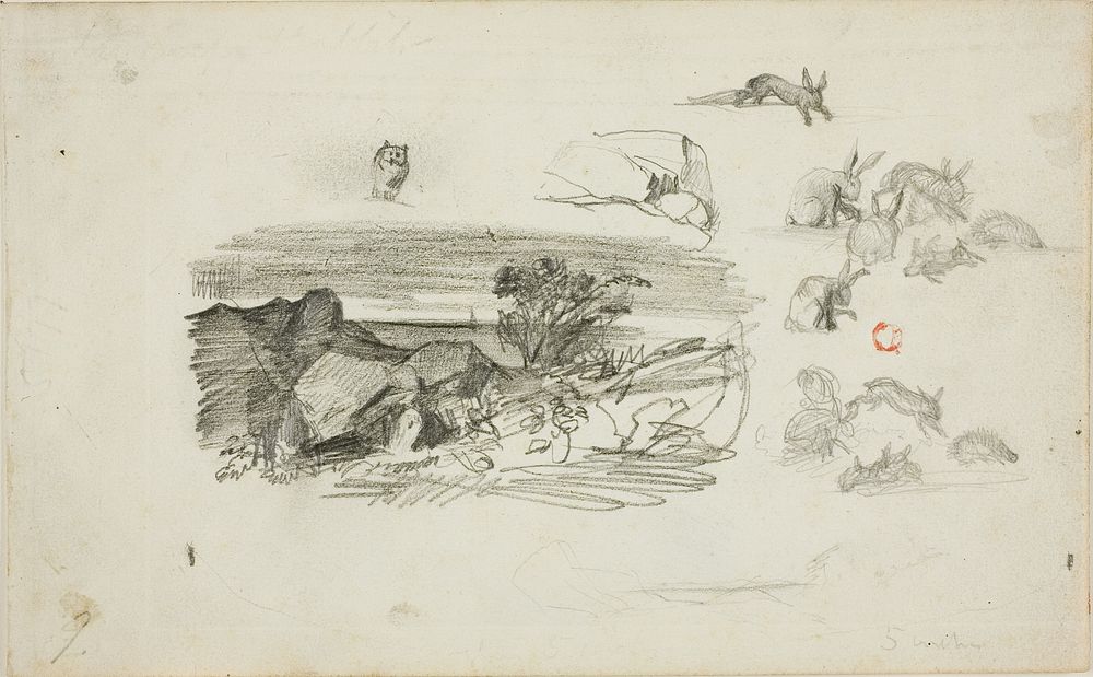 Sketches: Rocky Setting and Rabbits by Charles François Daubigny