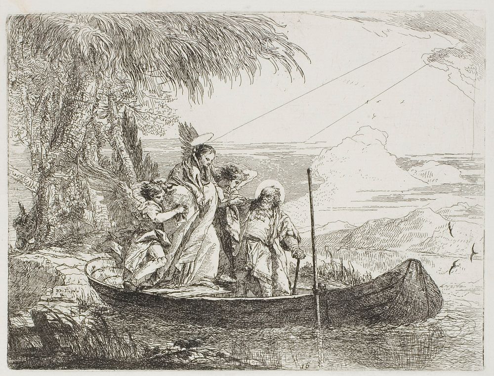 The Holy Family Entering the Boat with the Help of the Angels, plate sixteen from The Flight into Egypt by Giovanni Domenico…