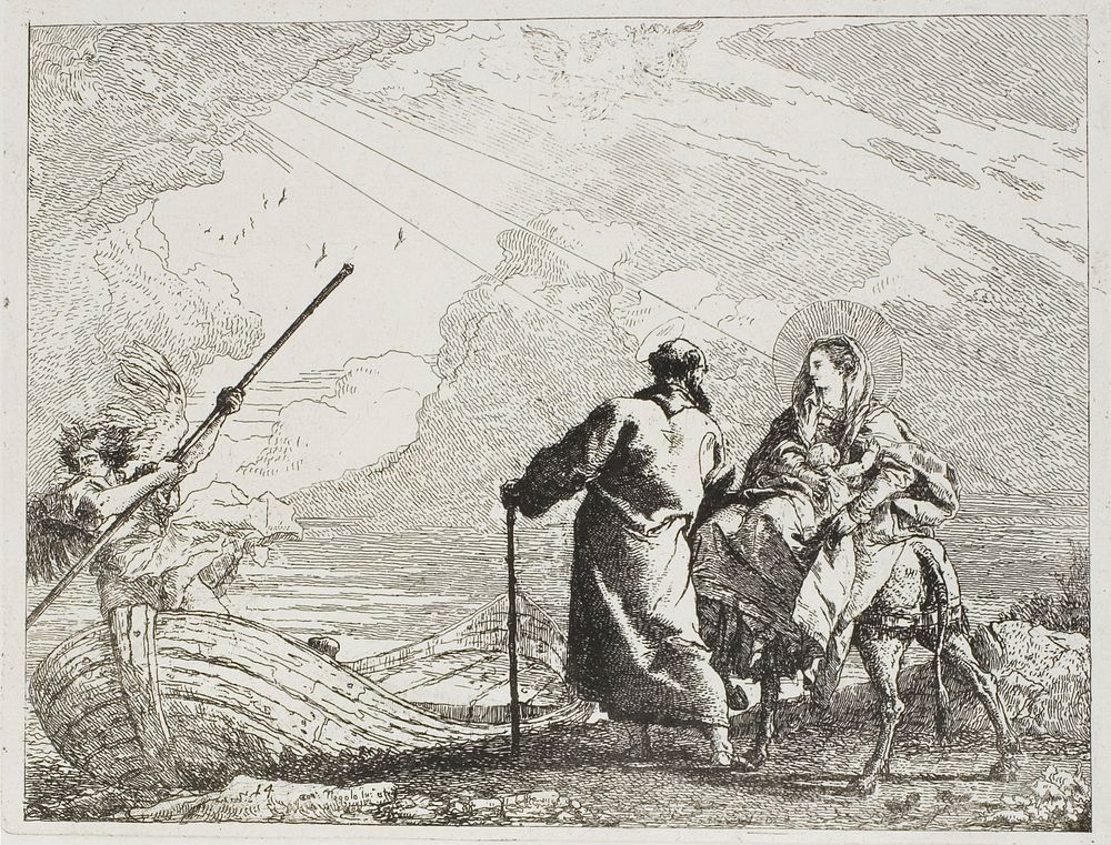 The Holy Family on the Bank of a River, plate fourteen from The Flight into Egypt by Giovanni Domenico Tiepolo