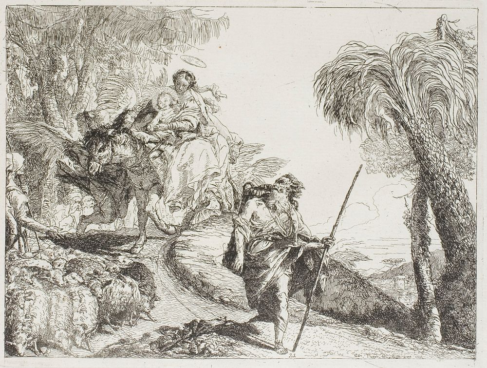 The Holy Family Descending a Forest Path, Near a Flock and Some Shepherds, plate 21 from The Flight into Egypt by Giovanni…