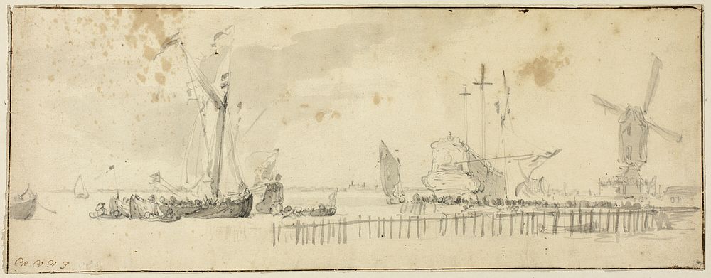 Sailing Ships in Harbor near Windmill by Willem van de Velde, II