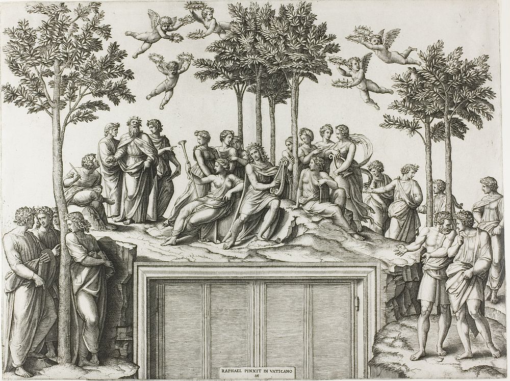 Apollo on Parnassus, Surrounded by the Muses and Poets by Marcantonio Raimondi