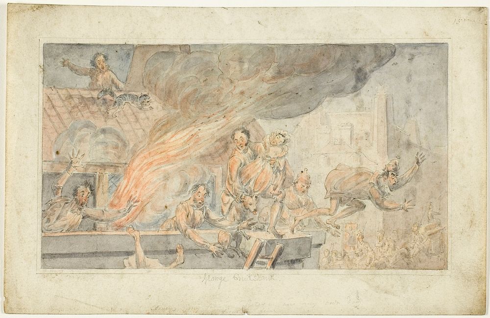 People Fleeing a Burning Building by George Cruikshank