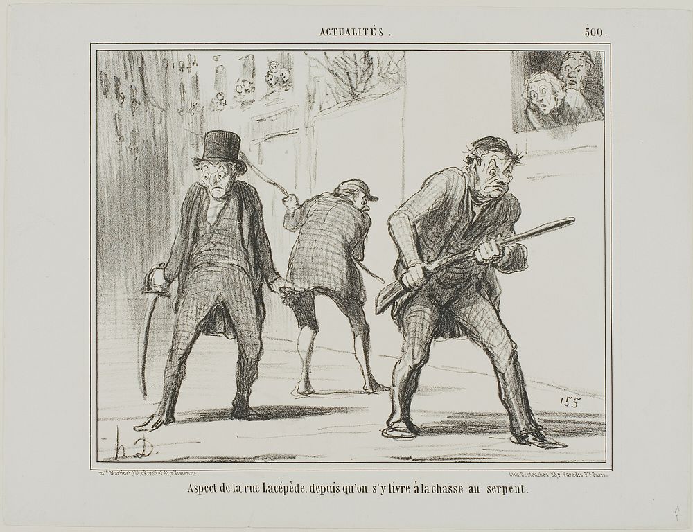 View of rue Lacépède during the hunt for a serpent, plate 500 from Actualités by Honoré-Victorin Daumier