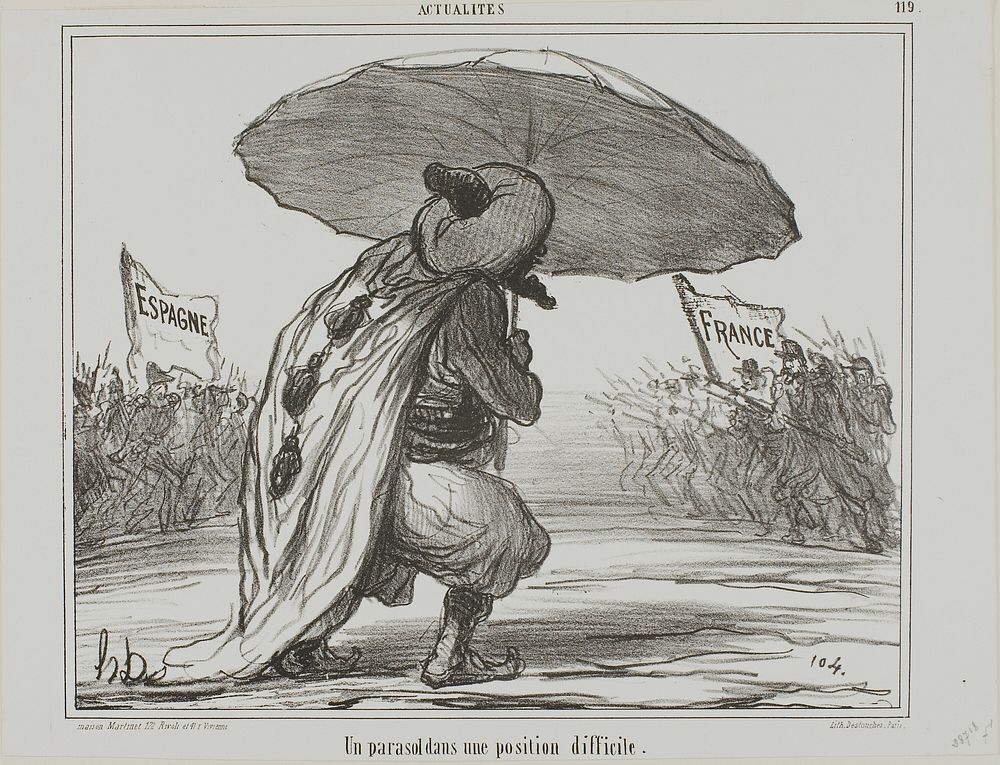 An Umbrella in a Difficult Position, plate 119 from Actualités by Honoré-Victorin Daumier