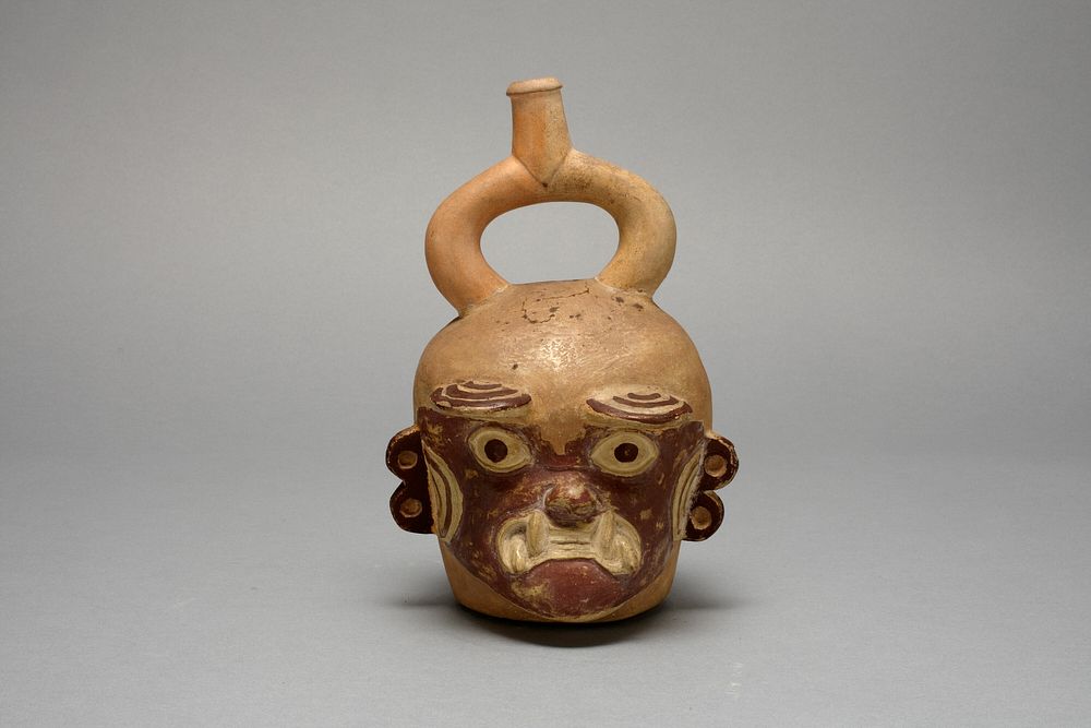 Stirrup Spout Vessel in Form of a Head, Possibly Ai-Apec by Moche