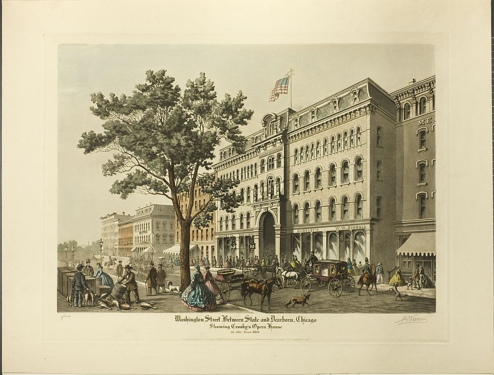 Washington Street between State and Dearborn, Chicago, Showing Crosby's Opera House in the Year 1864 by Raoul Varin