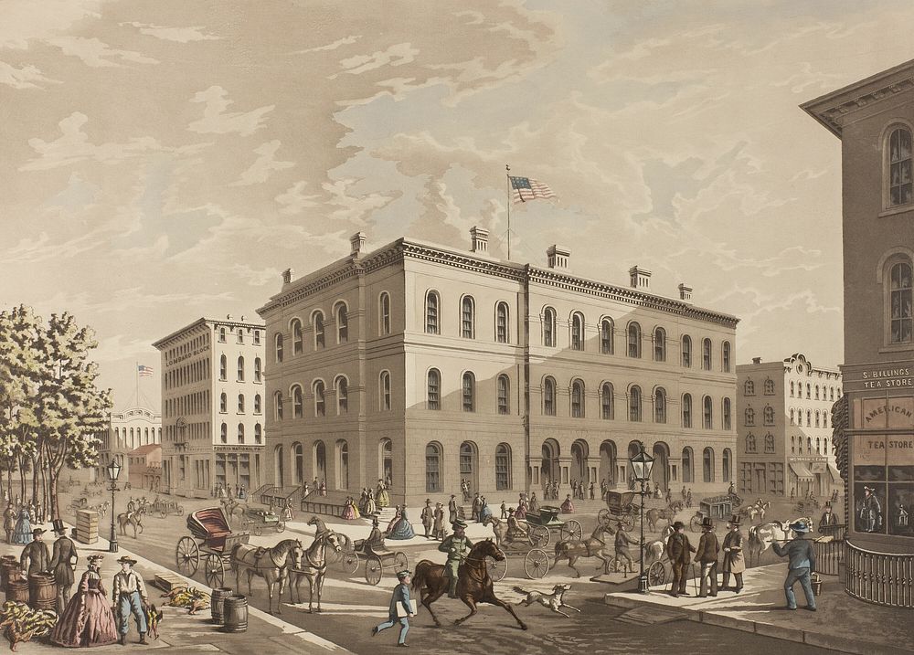 N.W. Corner of Dearborn and Monroe Streets, Chicago, Showing the Post Office Building in the Year 1865 by Raoul Varin