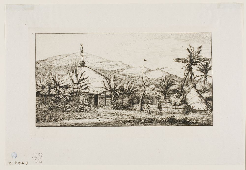 New Caledonia: Large Native Hut on the Road from Balade to Puépo, 1845 by Charles Meryon