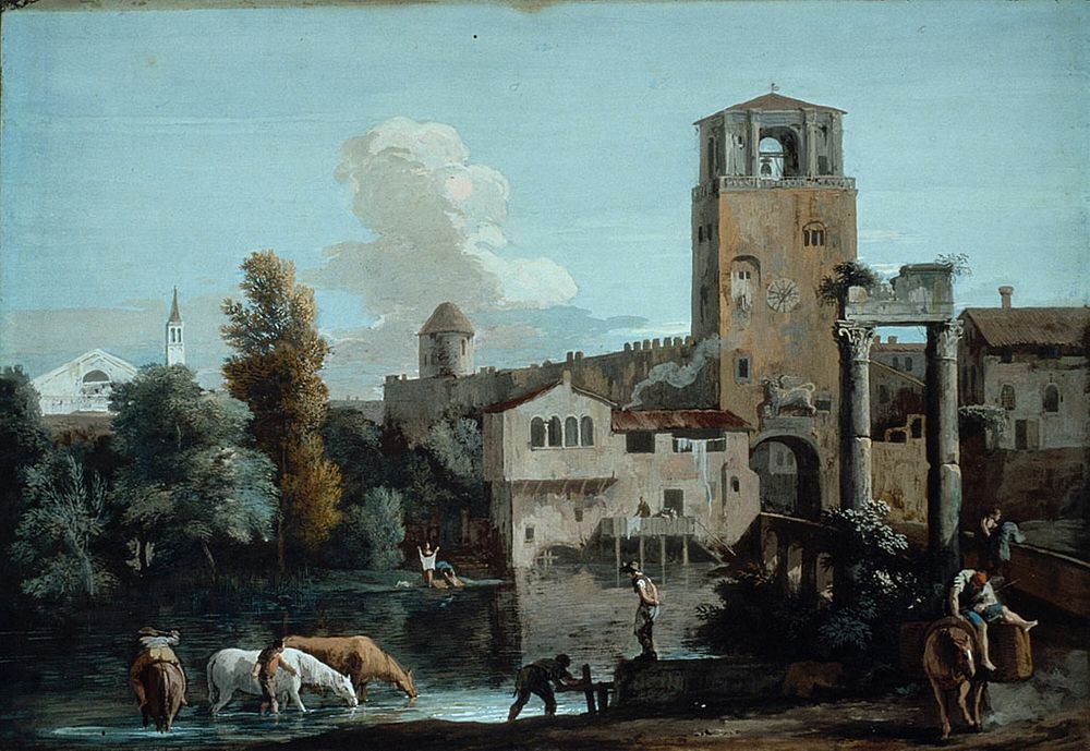 A Capriccio with Horses Watering in a River Outside a Walled Town by Marco Ricci