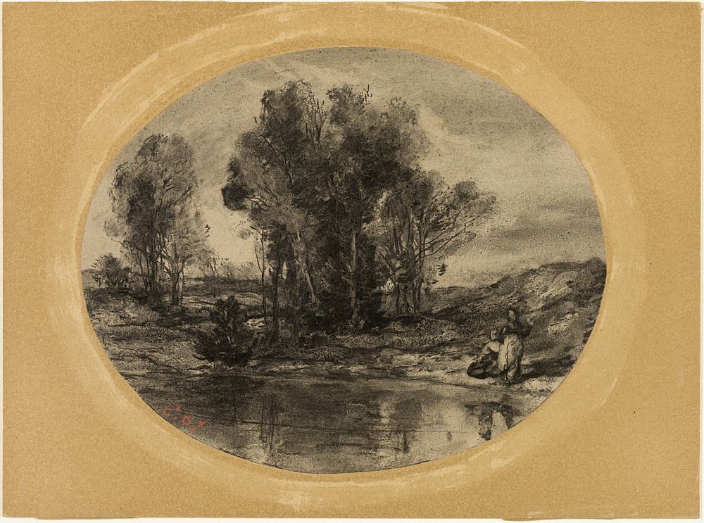 Figures by a Pond by Henri Joseph Constant Dutilleux
