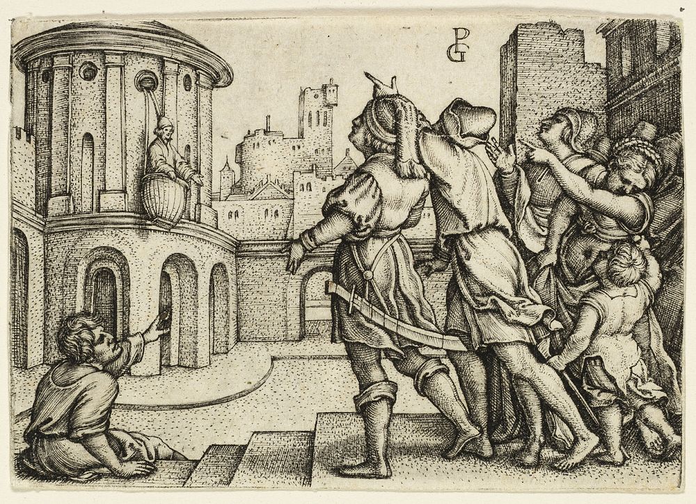 Virgil the Magician Hanging in the Basket by Georg Pencz