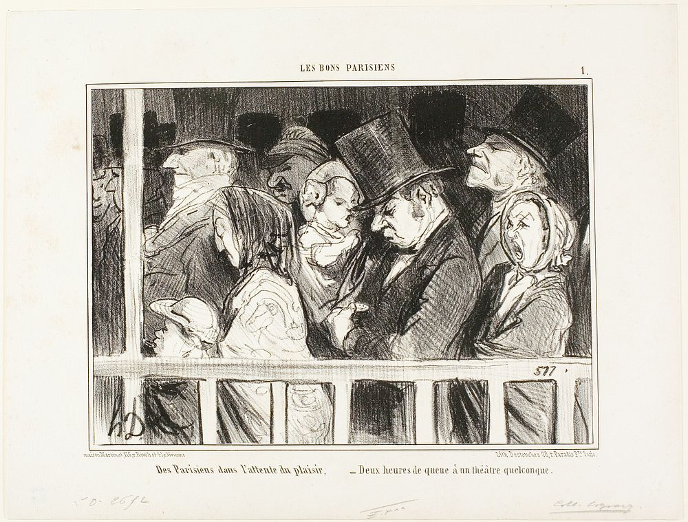 Parisians looking forward to some fun. Queuing up for two hours in front of any theater in town, plate 1 from Les Bons…