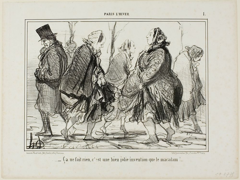 “- That's quite alright... isn't asphalt a marvellous invention?,” plate 1 from Paris L'hiver by Honoré-Victorin Daumier