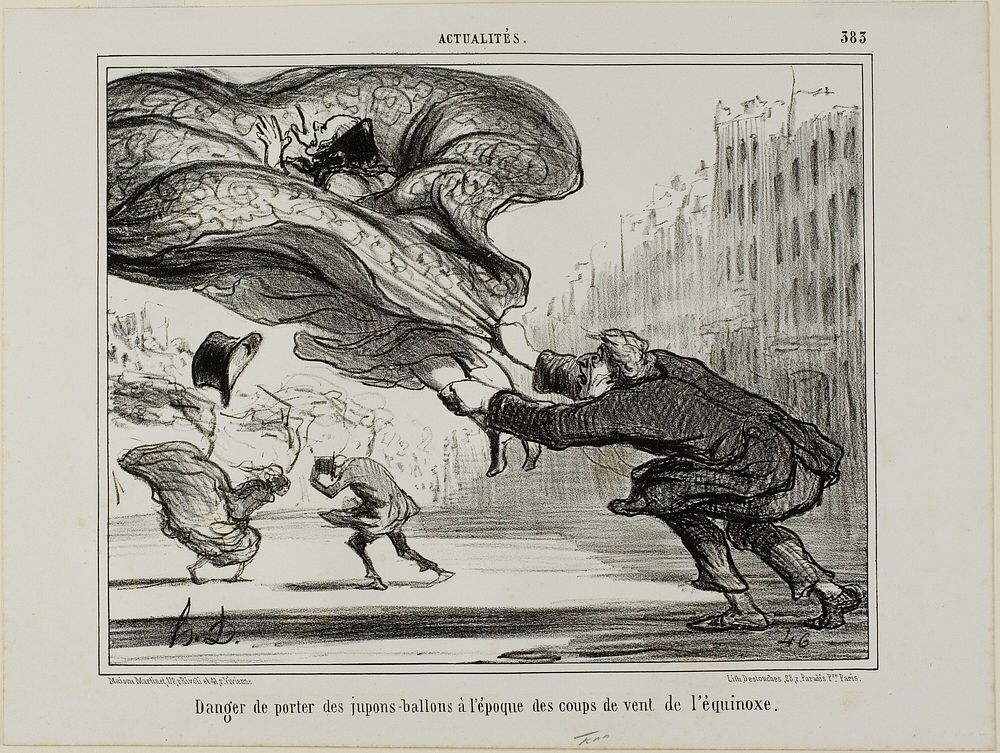 The danger of wearing hoopskirts during a sudden spring storm, plate 26 from La Crinolomanie by Honoré-Victorin Daumier