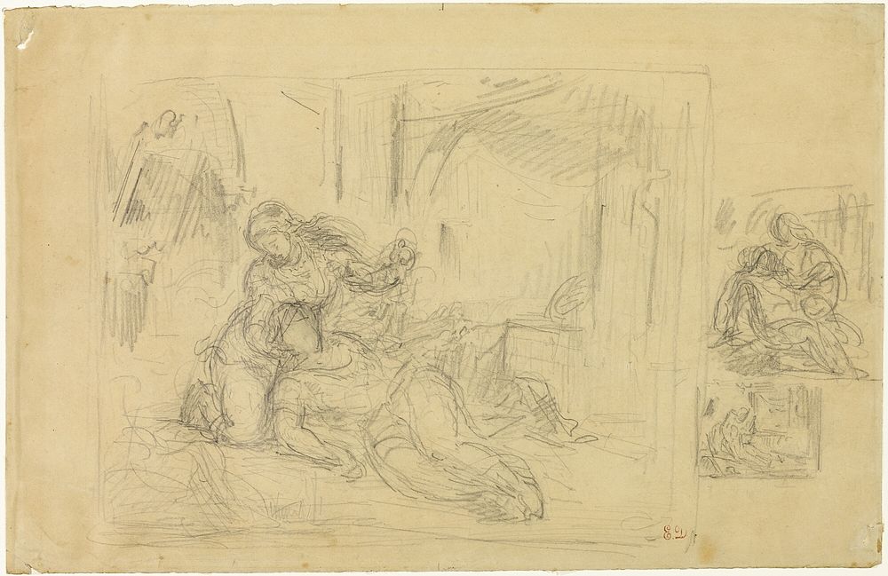 Woman Dying(?), Man in Bedroom, Two Sketches of Same by Eugène Delacroix