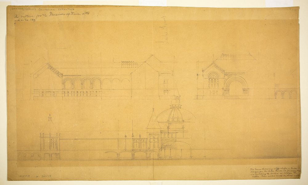 Proposed Fine Arts Museum, World's Columbian Exposition, Chicago, Illinois, Elevation Sketches by John Wellborn Root…