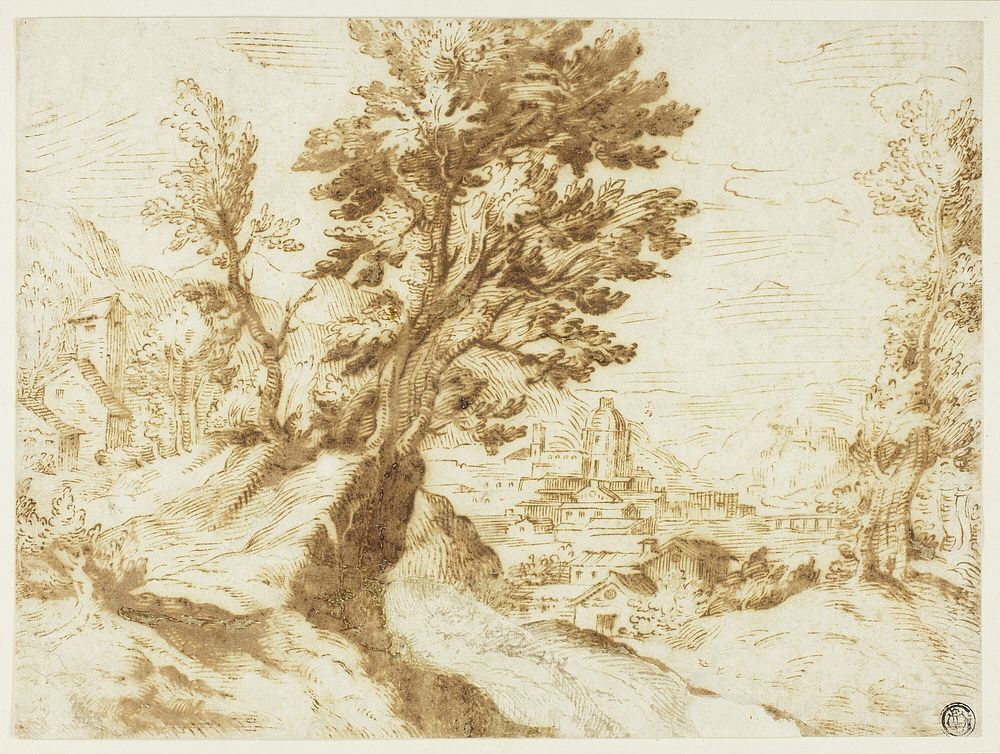 Hilly Landscape with Town in Distance by Agostino Carracci