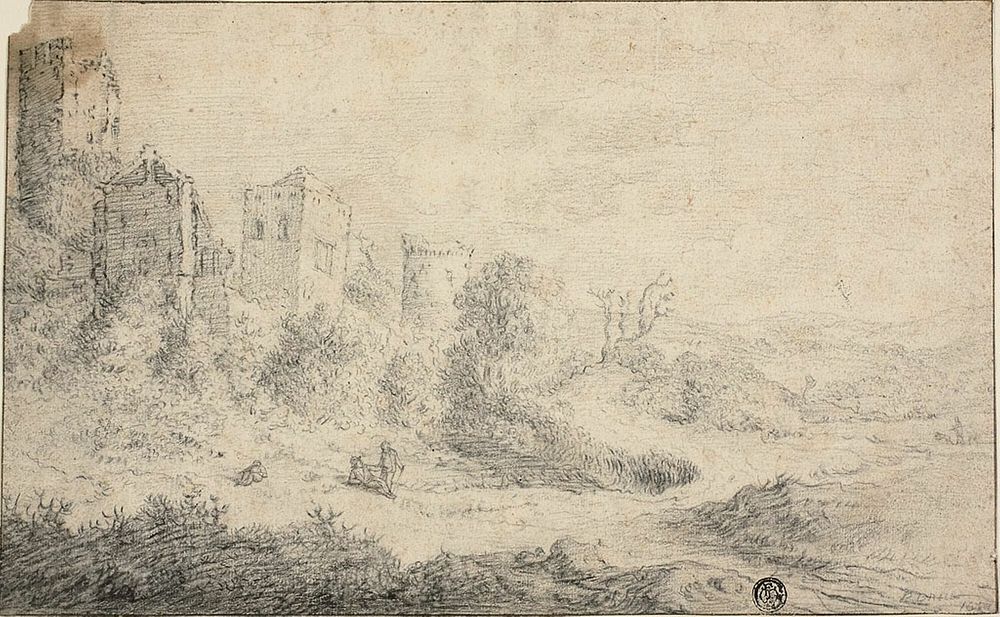 Landscape with Ruined Castle and Three Figures by Pieter de Molijn