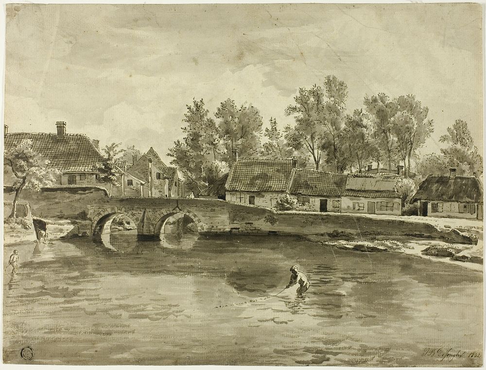 Man Fishing in River Near Village by Jan Baptiste de Jonghe
