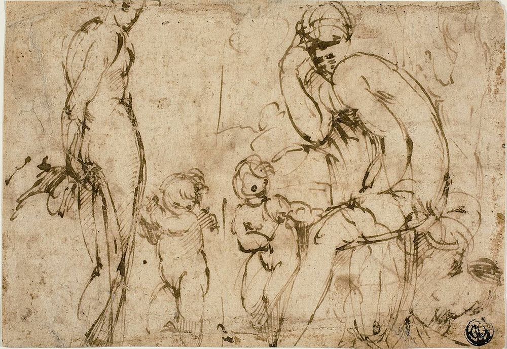 Venus and Mars with Putti (recto); Bearded Man Moving to Right (verso) by Circle of Parmigianino