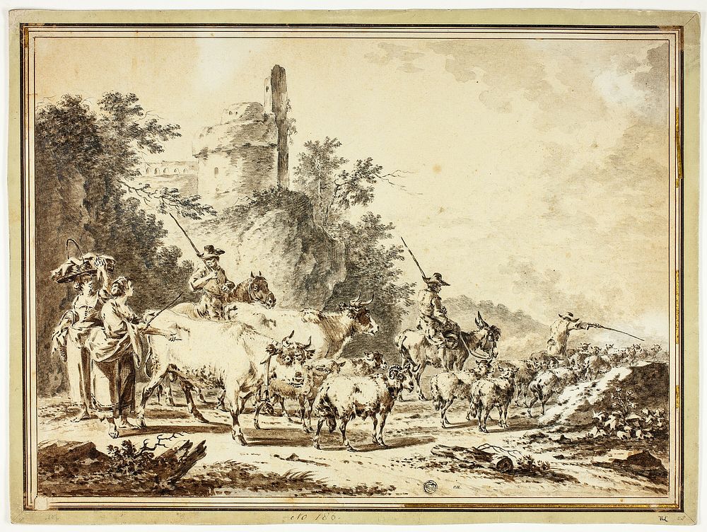 Herdsmen, Cattle and Sheep Passing Two Maidens, with Ruined Castle on Hill Above by Follower of Claes Pietersz. Berchem