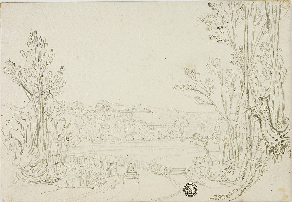 Cart Heading over Bridge Between Trees; Villa in Distance by Unknown