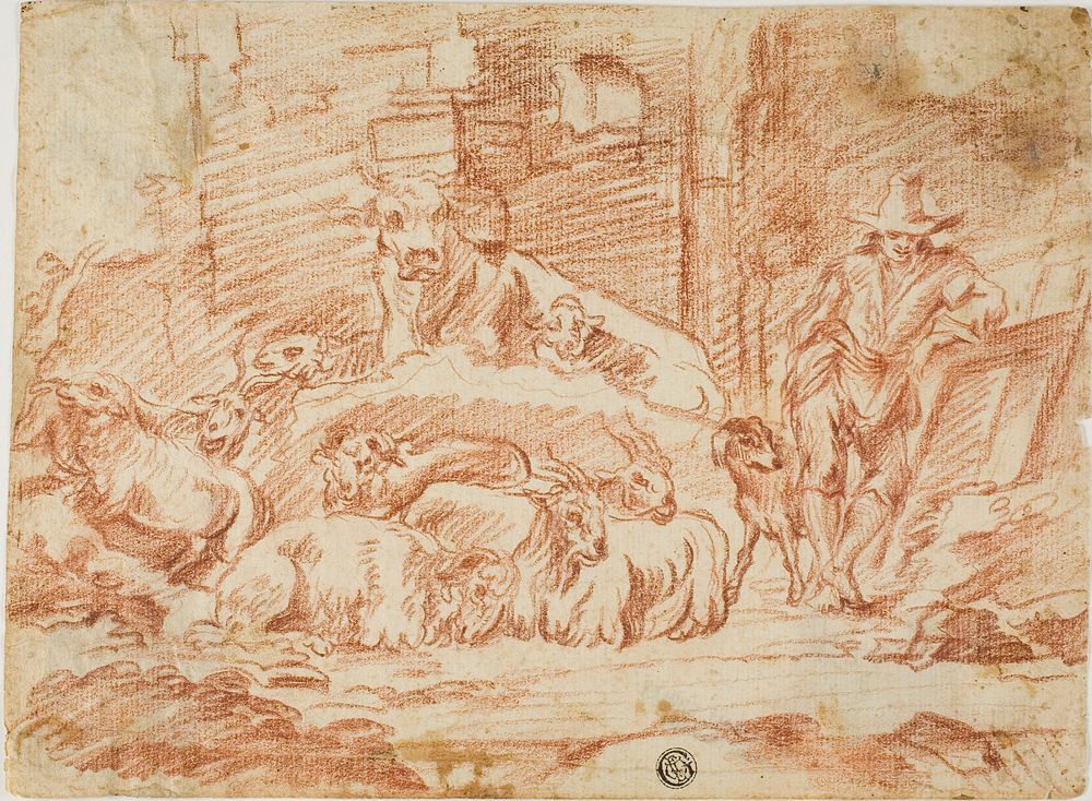 Stable Interior: Herder Resting with Sheep, Cow, Goats and Dog by Andrea di Lione
