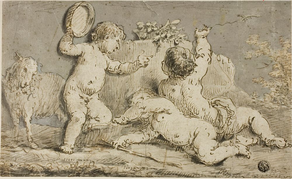 Three Cherubs Playing around a Rock by Follower of Jacob de Wit