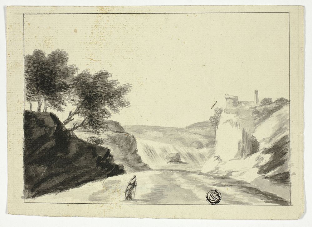Draped Figure in Landscape with Castle on a Cliff by Unknown artist (Unknown Amateur)