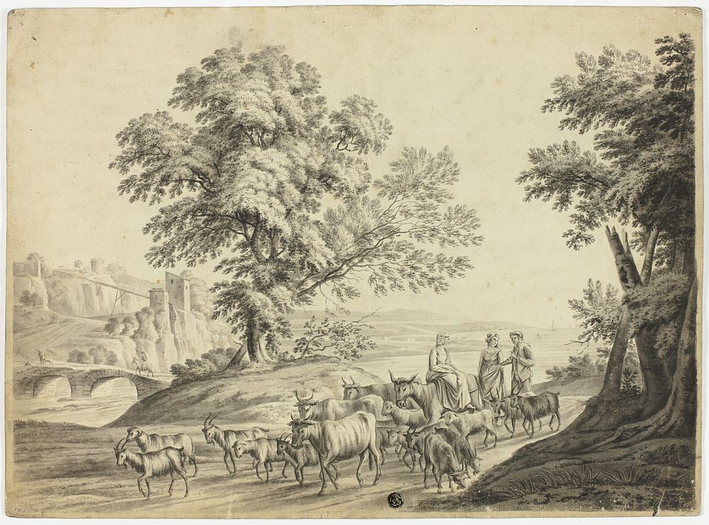 Italianate Landscape with Man and Two Women Herding Cattle, Goats and Sheep
