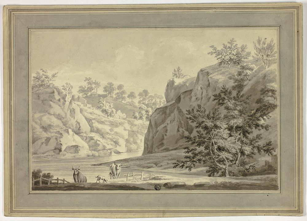 River Landscape with Cows and Dog in Foreground by Unknown artist (Unknown Amateur)