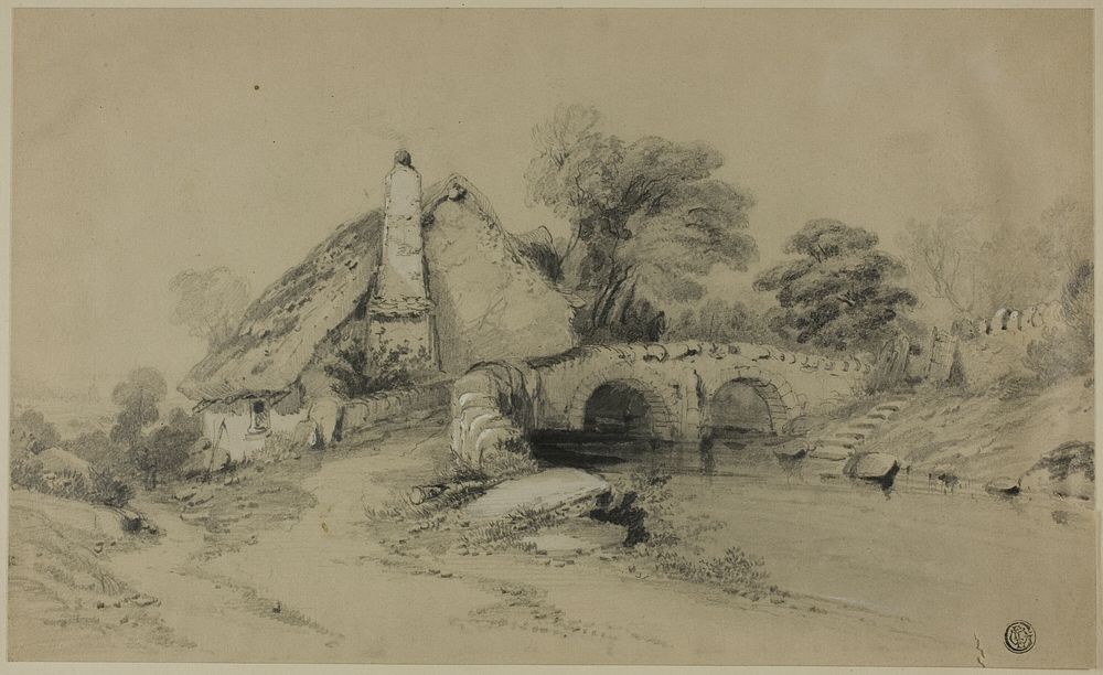 Farm with Thatched Roof Near Stone Bridge by Unknown artist