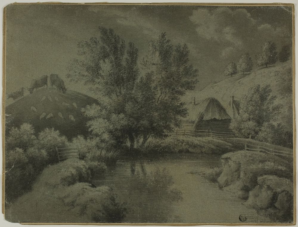 Farm with Pond in Foreground, Cows Grazing on Hill by Unknown artist