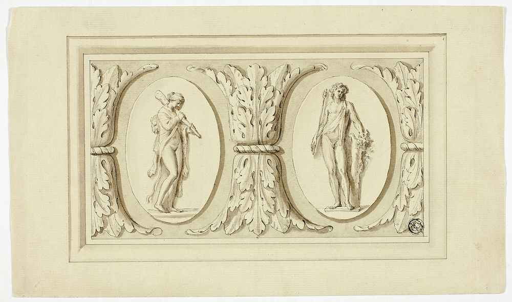 Two Medallions with Standing Figures of Omphale and Bacchus, Separated by Design of Acanthus Leaves by Giovanni Battista…