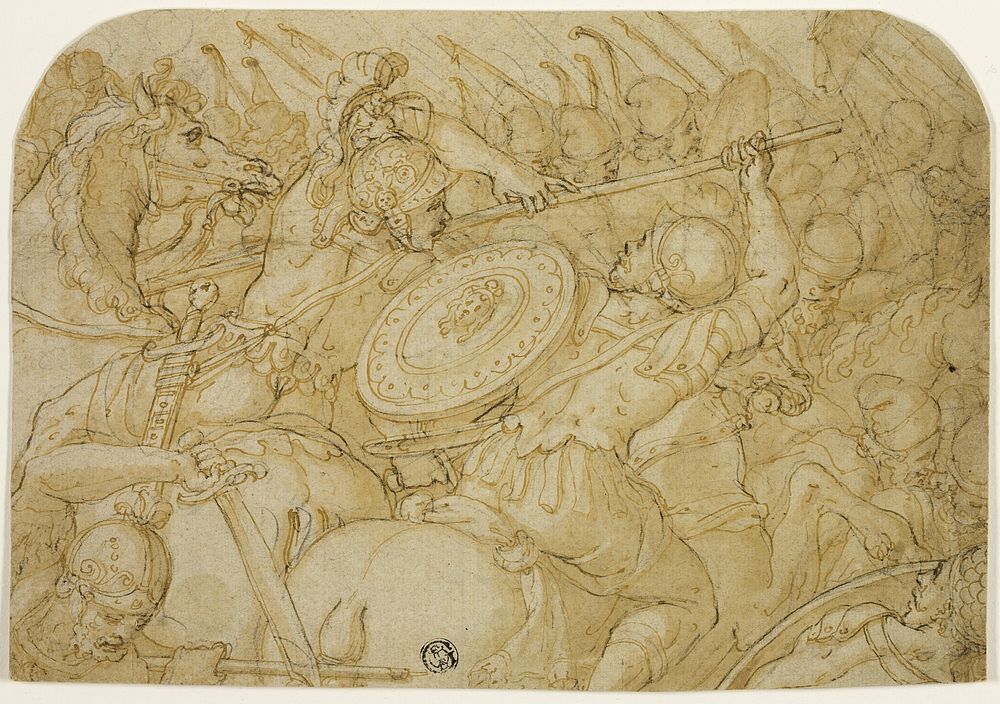 Cavalry Skirmish (recto); Architectural Sketch (verso) by Giorgio Vasari