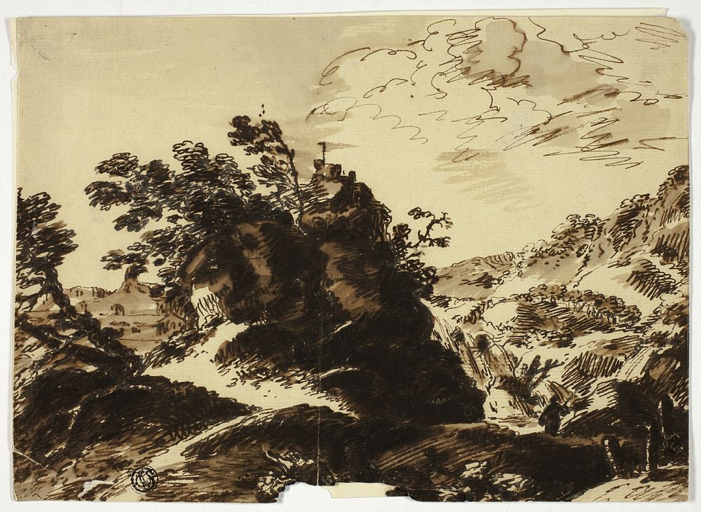 Hilly Landscape with Figure in Foreground by Unknown