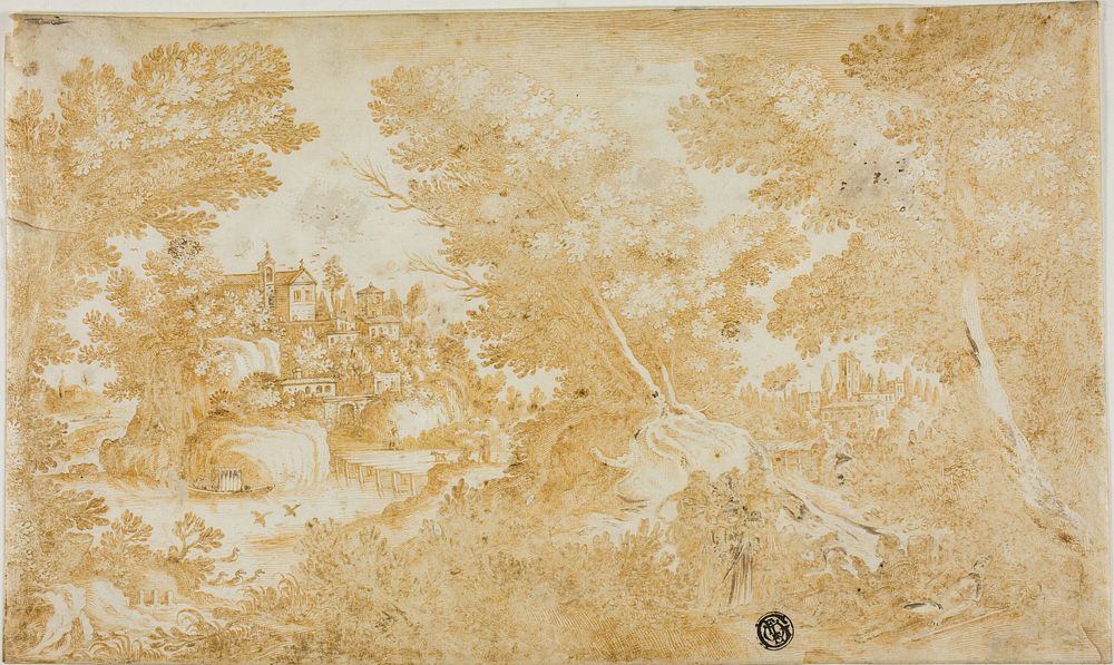 Men and Women Resting in Wooded Landscape with River, Villas, Church by Style of Hendrik Hondius, I