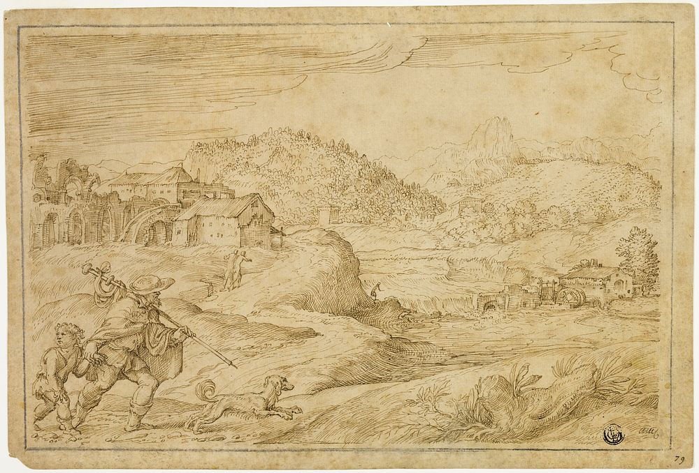 River Landscape with Saint Roch and a Child Traveling with Dog by Domenico Campagnola