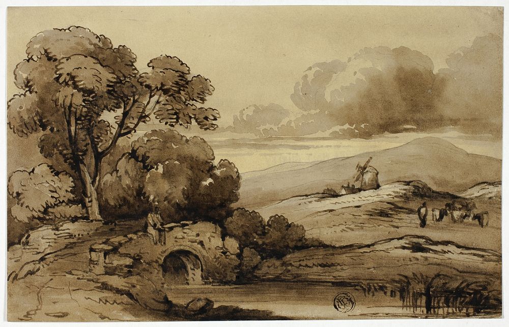 Landscape with Stone Bridge in Foreground and Cows on Hillside by James "Drunken" Robertson