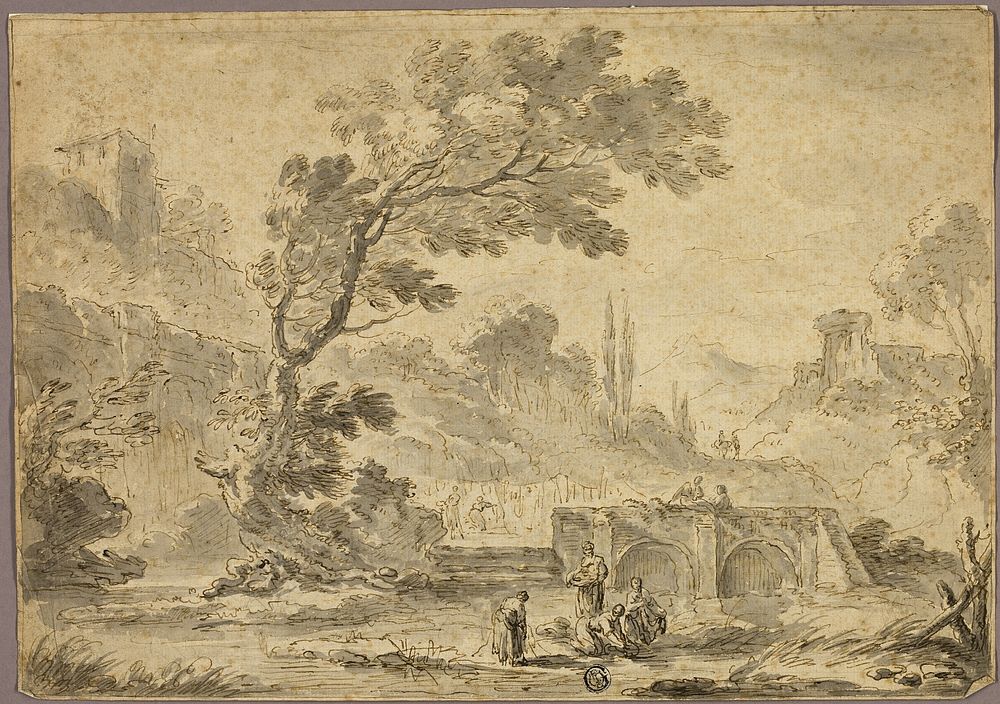 Washerwomen by Stream in Italianate Landscape by Andrea Locatelli