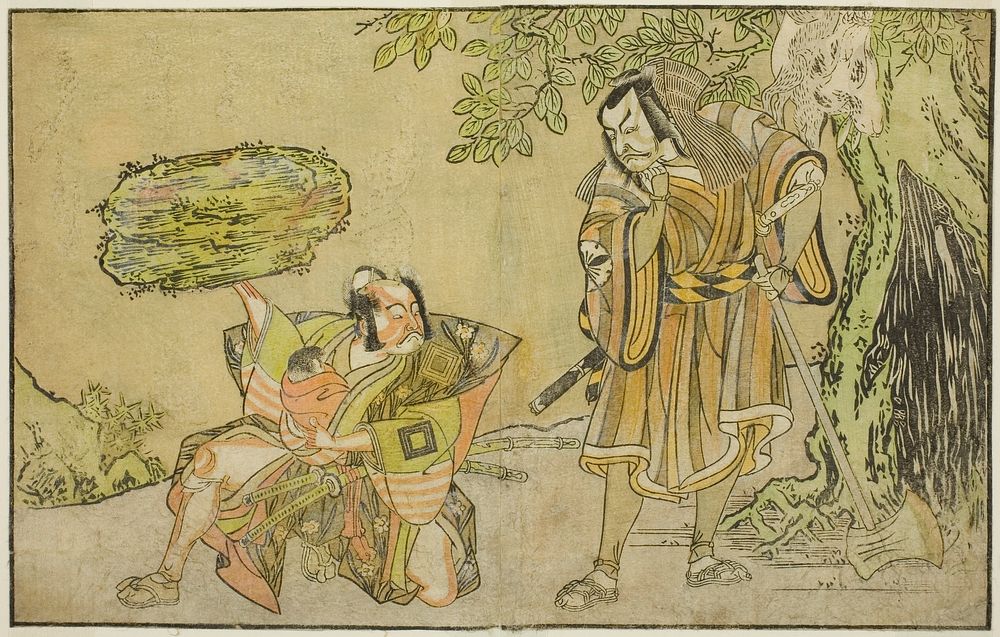 The Actors Matsumoto Koshiro II as Osada no Taro Kagemune Disguised as the Woodcutter Gankutsu no Gorozo (right), and…