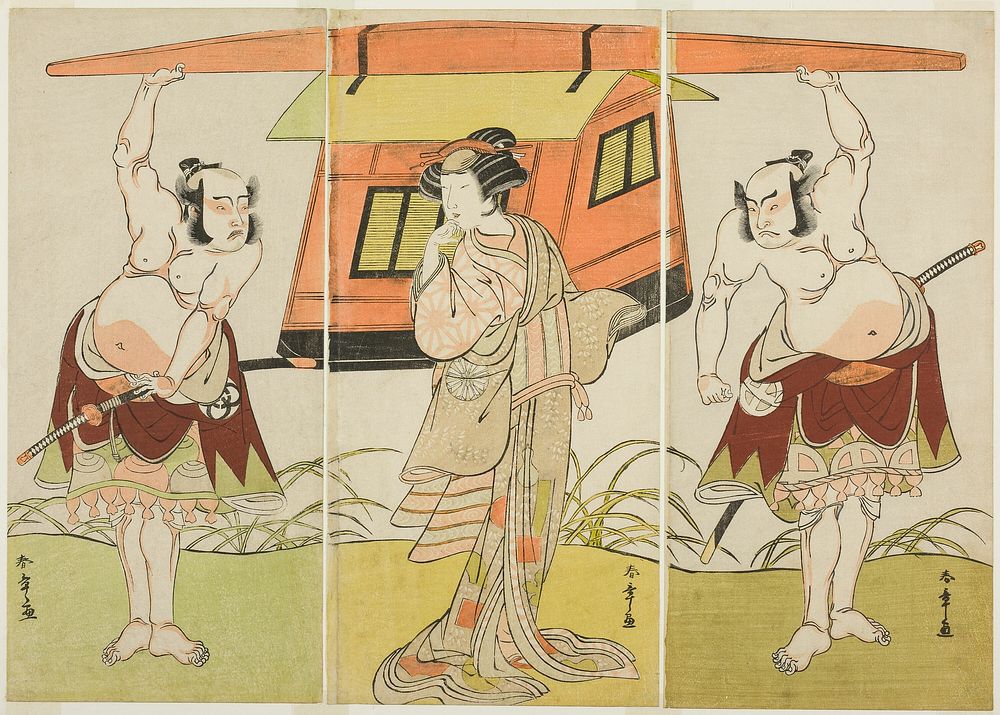 The Actors Otani Hiroji III as Yokambei (right), Nakamura Tomijuro I as Kuzunoha (center), and Bando Mitsugoro I as Yakambei…