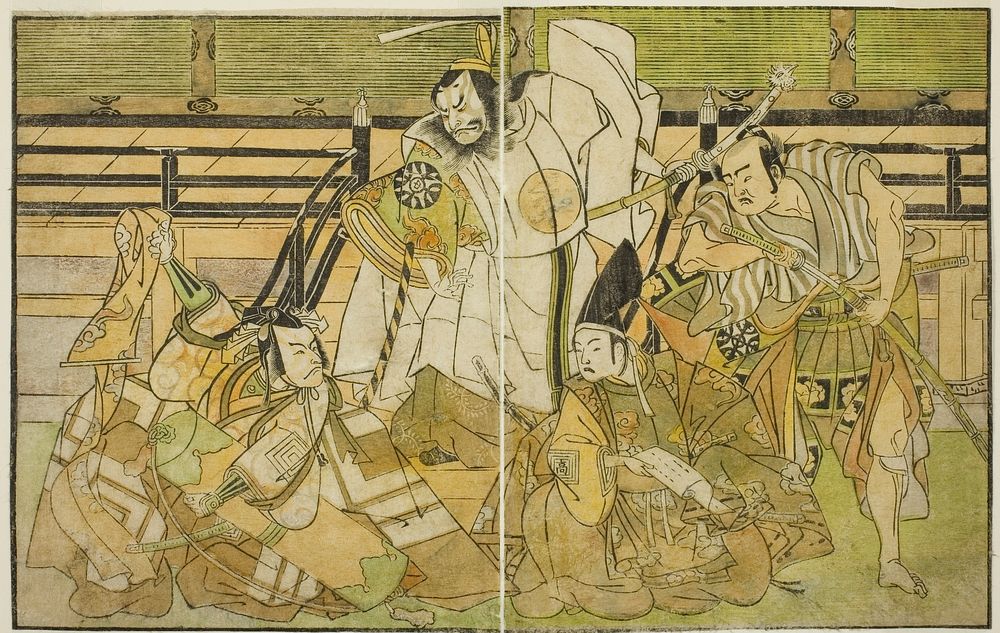 The Actors Nakamura Denkuro II as Seno-o Taro, Ichikawa Komazo II as Yorimasa, Nakamura Nakazo I as Taira no Kiyomori, and…