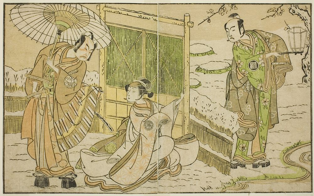 The Actors Arashi Sangoro II as Minamoto no Yoritomo (right), Segawa Kikunojo II as Yuki Onna (center), and Ichimura Uzaemon…
