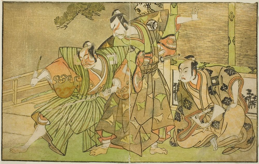 The Actors Ichikawa Komazo II as Minamoto no Yorimasa (right), Matsumoto Koshiro II as Osada no Taro Kagemune Disguised as…