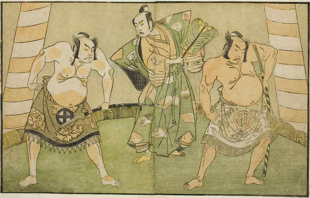 The Actors Nakamura Sukegoro II as Matano no Goro (right), Onoe Kikugoro I as Soga no Taro (center), and Otani Hiroji III as…